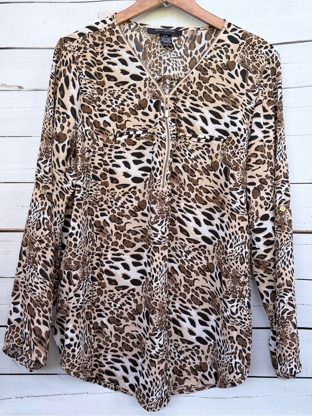 Ashley Stewart Leopard Print Zip Front Roll Tab Sleeve Blouse Plus Size 14/16